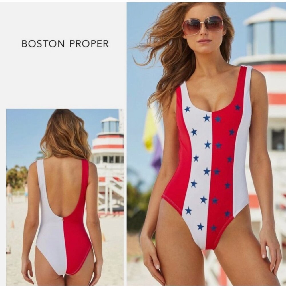 Boston Proper Amita Naithani American Flag Swimsuit One‎ Piece USA Beach Sexy